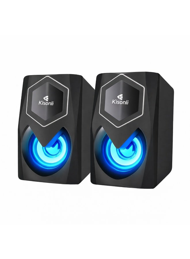 Kisonli 2.0 USB Powered Multimedia Speakers – 3W x 2 Stereo Sound System with Blue LED Light, 3.5mm AUX Input, 20Hz–20KHz Frequency Response, Compact Desktop Speakers for Laptop, PC & Gaming Setup - Image 1